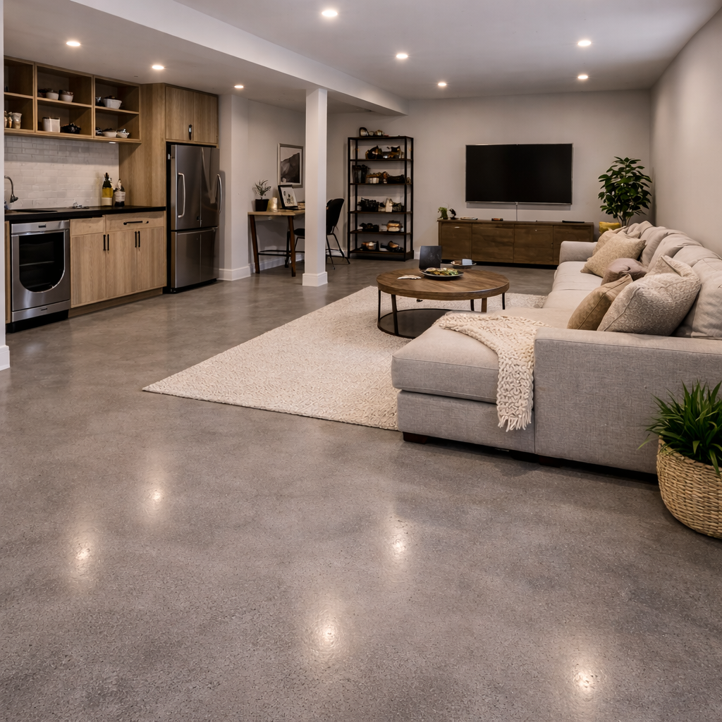 Concrete flooring installed in a basement
